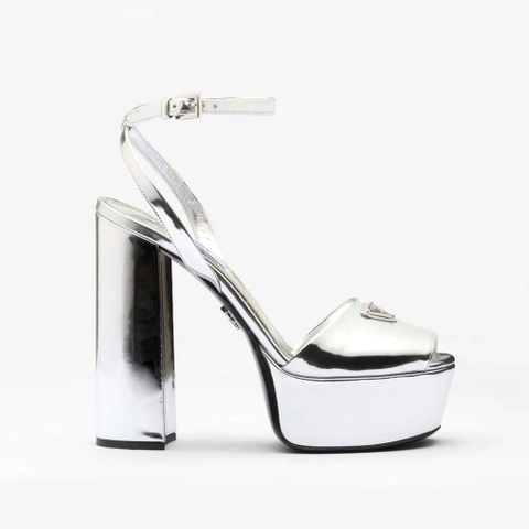 GIÀY Prada Women Metallic Leather Platform Sandals-Silver