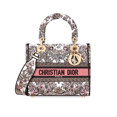 TÚI Dior Women Medium Lady D-lite Bag White and Pastel Pink Butterfly Around The World Embroidery