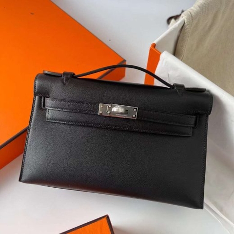 Túi Hermes Mini Kelly Pochette Swift Black Silver Hardware Handmade khâu tay 22cm