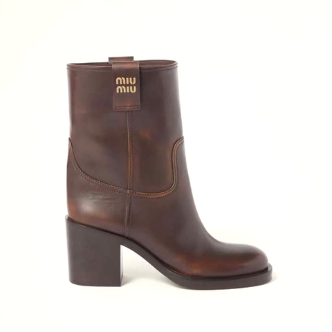 GIÀY Miu Miu Women Leather Booties with Hot-stamped Logo-Maroon
