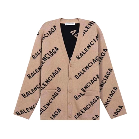 ÁO Balenciaga Women Mini Allover Logo Cardigan in Beige and Black Cotton Knit