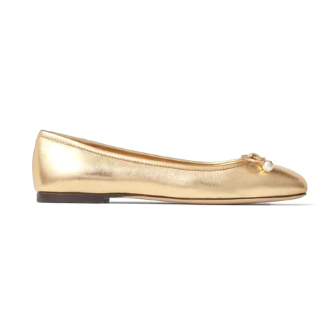 GIÀY Jimmy Choo Women Elme Flat Gold Metallic Nappa Leather Flats with Pearl Embellishment