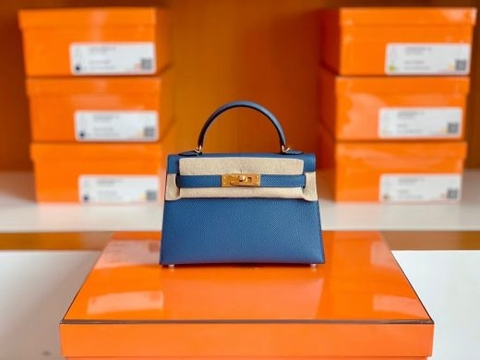 Túi Hermes mini kelly Epsom blue agete Gold Hardware Handmade khâu tay 19cm