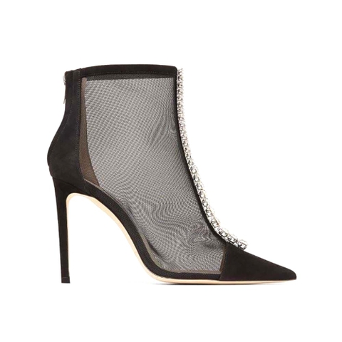 GIÀY Jimmy Choo Women Bing Boot 100 Black Suede and Mesh Ankle Boots with Crystal Embellishment