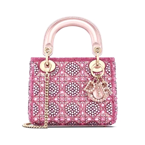 TÚI Dior Women Small Lady Dior Bag Metallic Calfskin and Satin with Rose Des Vents Resin Pearl Embroidery