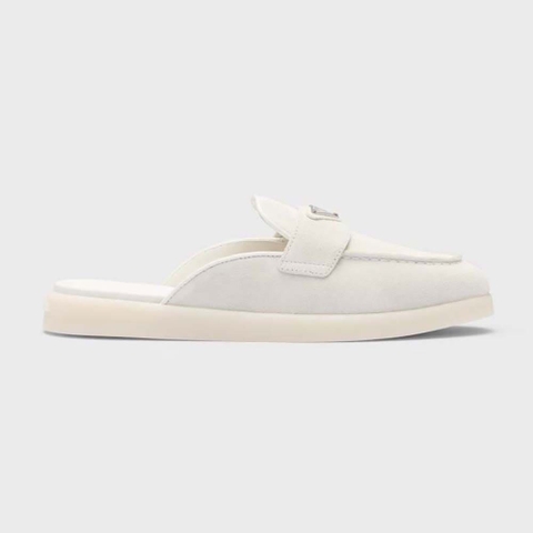 GIÀY Prada Unisex Suede Leather Sabots with Enameled Metal Triangle Logo-White