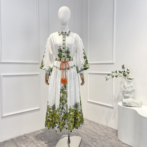 VÁY ZIMMERMANN Green Floral Printing Folds Long Lantern Sleeve Blouse and Midi Skirt Woman Set High Classy