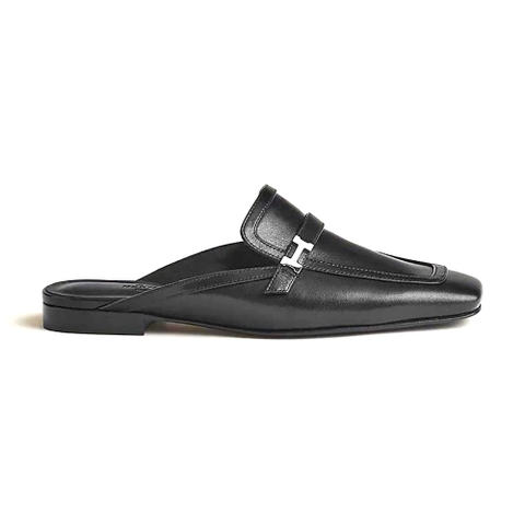GIÀY Hermes Women Groupie Mule in Goatskin with Miniature Palladium-Plated Paris Buckle-Black