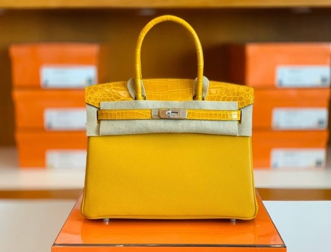 Túi Hermes Birkin Touch Togo & Shiny crocodile Amber Yellow Silver Hardware Handmade khâu tay 30cm