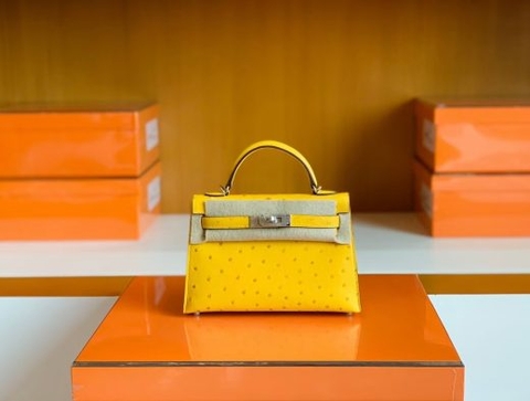 Túi Hermes Mini Kelly Ostrich Leather da đà điểu Lemon yellow Silver Hardware Handmade khâu tay 19cm