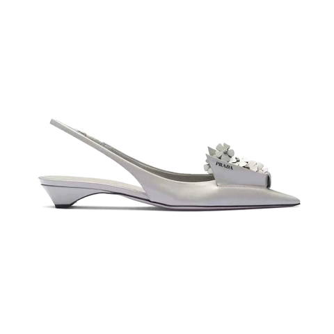 GIÀY Prada Women Brushed Leather Slingback Pumps with Floral Appliques-Gray