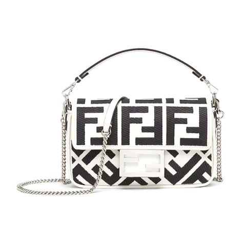 TÚI FENDI Women Baguette Mini White and Black Canvas Bag with FF Embroidery