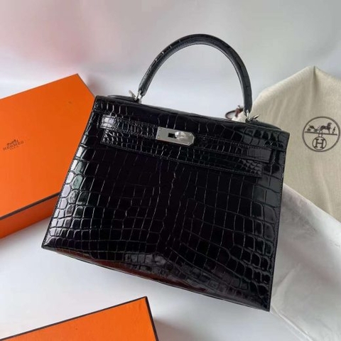 Túi Hermes Kelly Shiny Nilo Crocodile Black Silver Hardware Handmade khâu tay 28cm