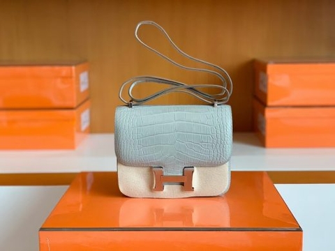 Túi Hermes Constance Matte Alligator crocodile da cá sấu Pearl grey Silver Hardware Handmade khâu tay 18cm