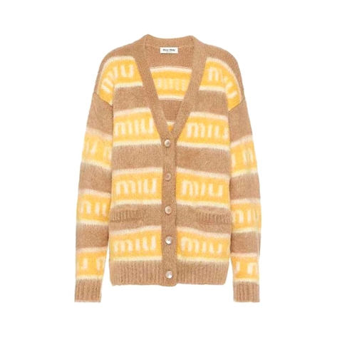 ÁO Miu Miu Women Oversized Mohair Cardigan with Intarsia Logo-Yellow