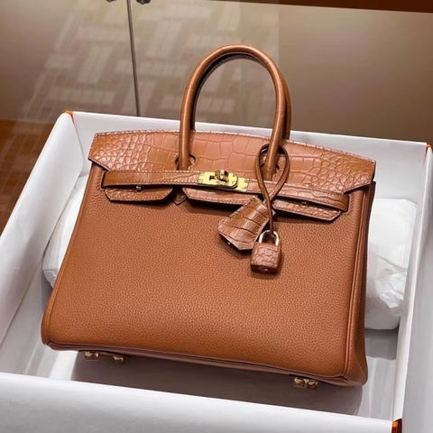 Túi Hermes Birkin Touch Brown Togo&Alligator 25CM Handmade khâu tay(Giá liên hệ)