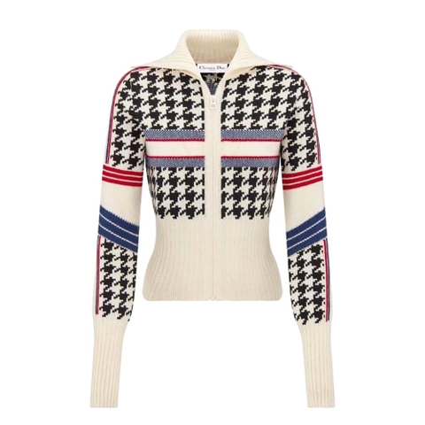 ÁO Dior Women Dioralps Short Cardigan Black and White Houndstooth Wool and Cashmere Knit with Three-Tone Dior Star