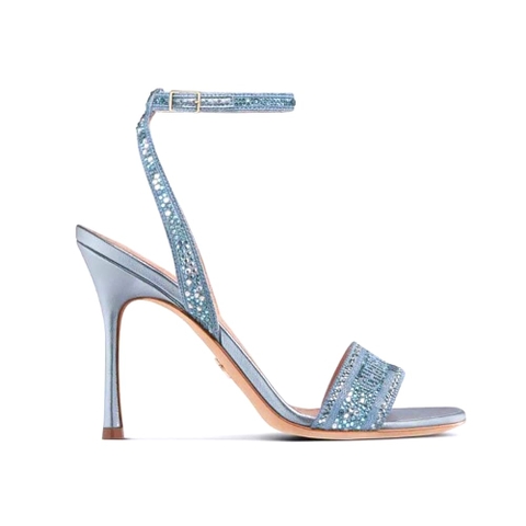 GIÀY Dior Women Dway Heeled Slide Blue Cotton Embroidered with Metallic Thread and Strass