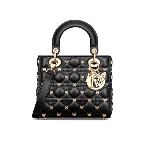 TÚI Dior Women Small Lady Dior Bag Black Cannage Lambskin with Gold-Finish Butterfly Studs