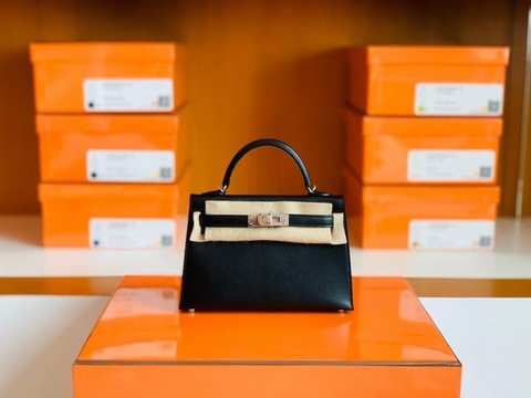 Túi Hermes Mini Kelly Box Leather Black Silver Hardware Handmade khâu tay 19cm