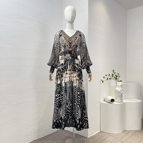 VÁY CAMILLA WorldCloset Animal Leopard Print Long Sleeve Diamonds Midi Dress High Classy