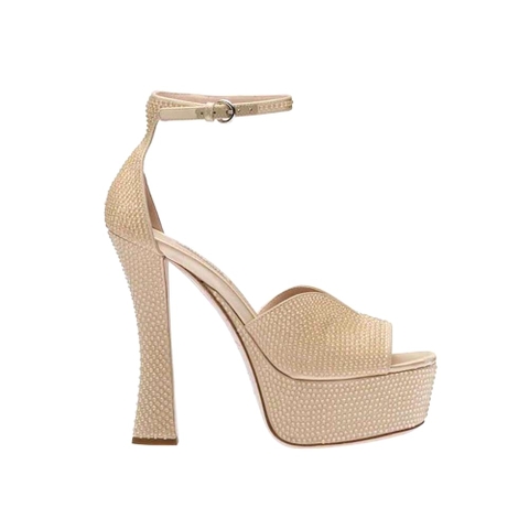 GIÀY Miu Miu Women Satin Platform Sandals with Crystals-Gold