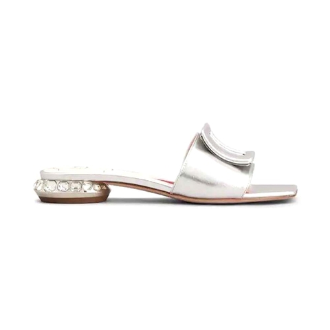 DÉP Roger Vivier Women Strass Heel Covered Buckle Mules in Leather Silver