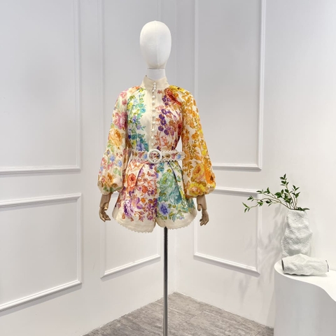 VÁY ZIMMERMANN Floral Printing Stand Collar Button Long Sleeve Blouse and Belt Shorts Woman Set High Classy