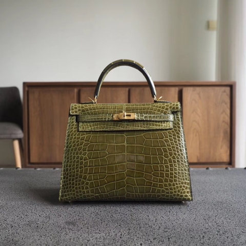 TÚI HERMES Kelly 25CM gold hardware crocodile green tea
