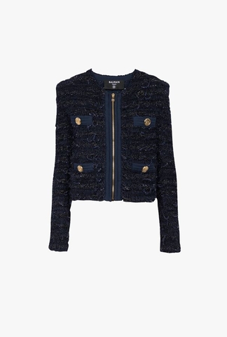 ÁO BALMAIN Navy blue tweed jacket