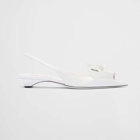 GIÀY Prada Women Brushed Leather Slingback Pumps with Floral Appliques-White