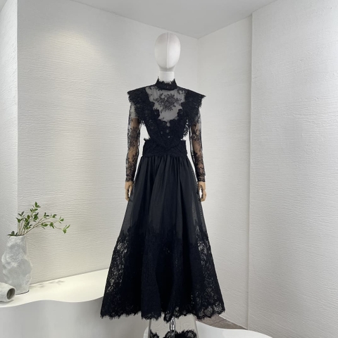 VÁY ZIMMERMANN Black Long Sleeve Lace Patchwork Midi Dress For Event High Classy