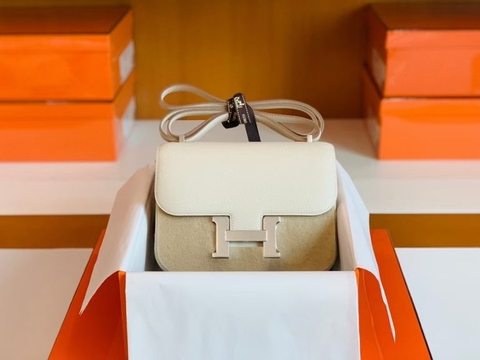 Túi Hermes Constance Epsom Creamy White Silver Hardware Handmade khâu tay 18cm