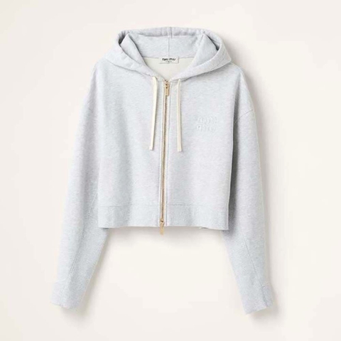 ÁO Miu Miu Women Embroidered Cotton Fleece Hoodie with Embroidered Logo-Silver