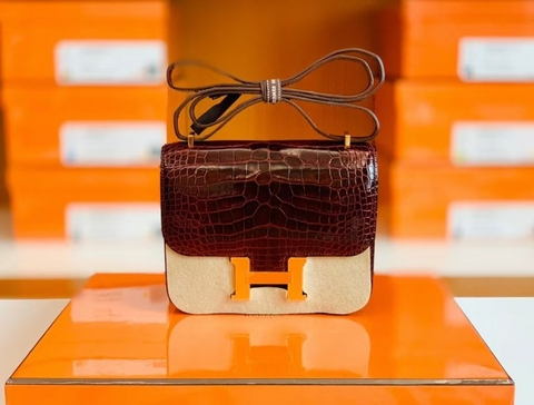 Túi Hermes Constance Shiny Alligator crocodile Bordeaux red Gold Hardware Handmade khâu tay 18cm