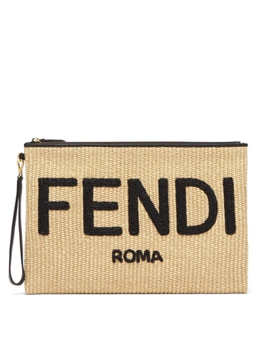 TÚI FENDI Logo-embroidered raffia pouch