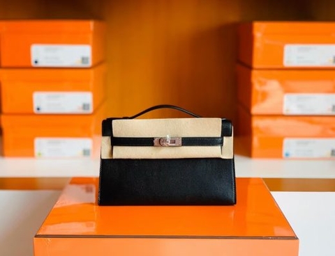 Túi Hermes Mini Kelly pochette Swift Black Silver Hardware Handmade khâu tay 22cm