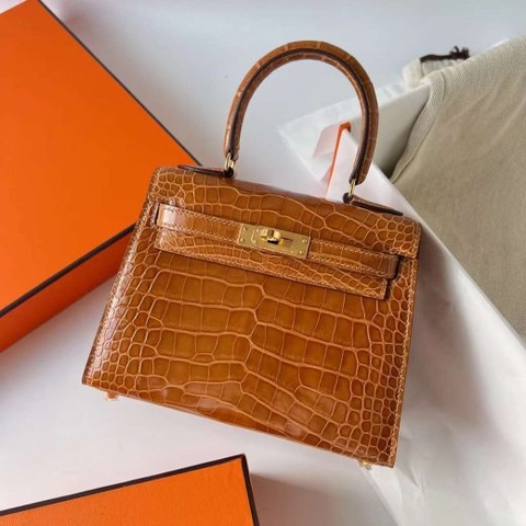 Túi Hermes Kelly Shiny Alligator Crocodile da cá sấu Caramel color Gold Hardware Handmade khâu tay 25cm