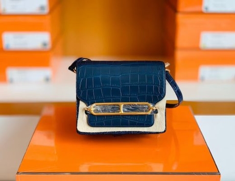 Túi Hermes Roulis Shiny Alligator & Matte Alligator da cá sấu Deep blue Gold Hardware Handmade khâu tay 18cm