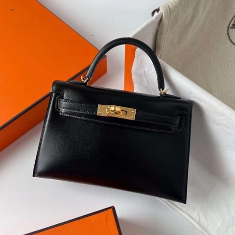 Túi Hermes Mini Kelly Boxcalf Black Gold Hardware Handmade khâu tay 19cm