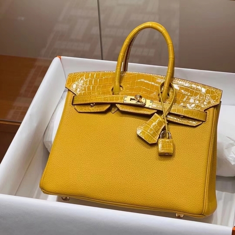 Túi Hermes Birkin Touch Amber Togo&Alligator 25CM Handmade khâu tay(Giá liên hệ)