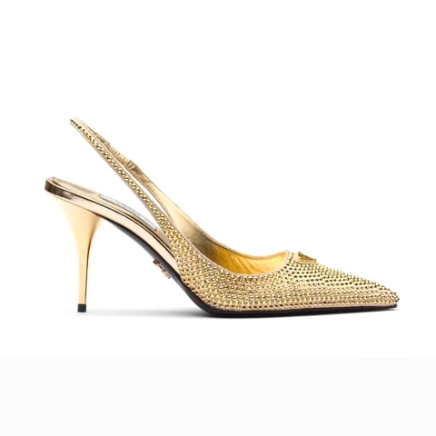 GIÀY Prada Women Satin Slingbacks with Crystals-Gold