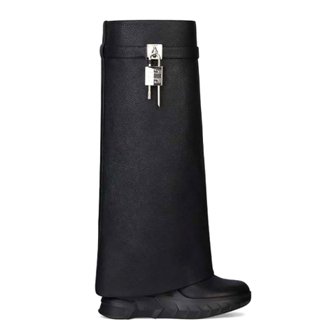 GIÀY Givenchy Women Shark Lock Biker Boots in Grained Leather-Black