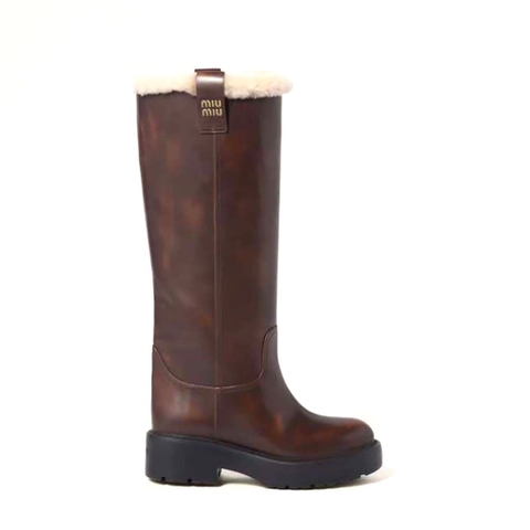 GIÀY Miu Miu Women Fumé Leather Boots-Brown