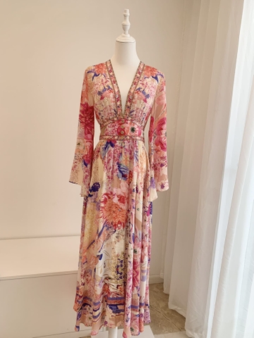 VÁY CAMILLA V NECK Peony Floral Silk Diamond Short Sleeve High Classy