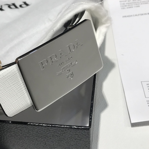 DÂY LƯNG PRADA WHITE SAFFIANO LEATHER Khóa bạc