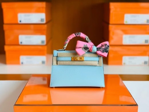 Túi Hermes Mini Kelly Epsom Light Blue Gold Hardware Handmade khâu tay 19cm