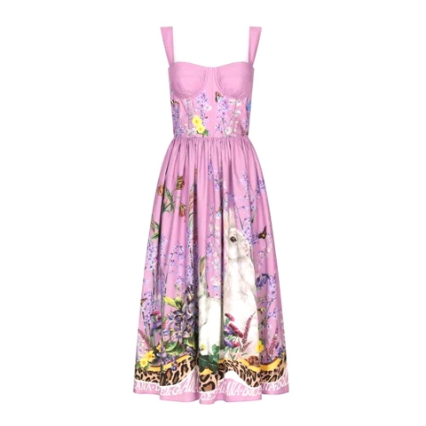 VÁY Dolce Gabbana D&G Women Calf-Length Bustier Dress in Rabbit-Print Poplin