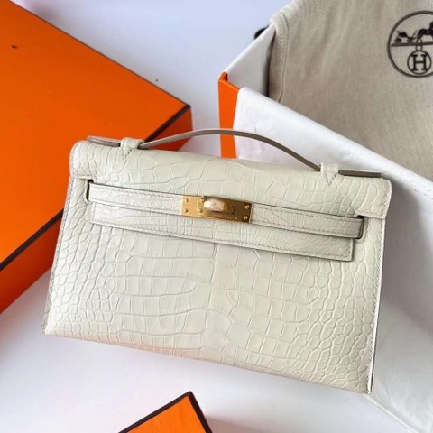 Túi Hermes Mini Kelly Pochette Matte Alligator Crocodile Creamy White Gold Hardware Handmade khâu tay 22cm