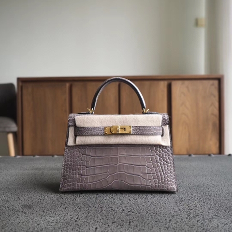 TÚI HERMES Mini Kelly 19CM gold hardware Gray crocodille da cá sấu
